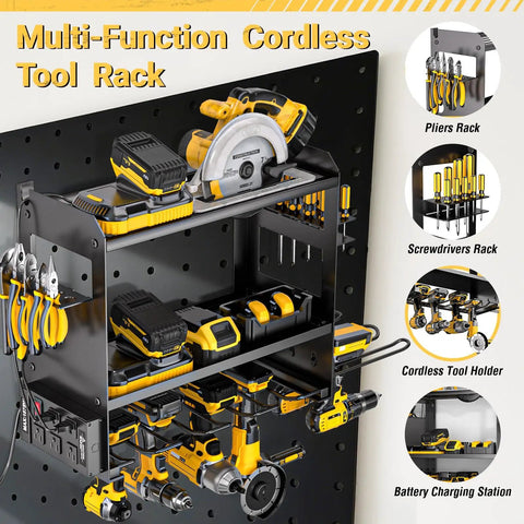 Must Have Power Tool Organizer Wall Mount with Charging Station for garage cordless tools, drill holder, and battery storage.