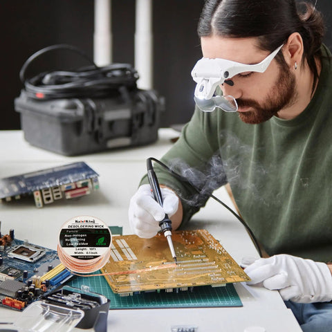 Person using No Clean Soldering Flux Paste And Desoldering Wick Kit for quick electronics repairs on a PCB at a workstation.