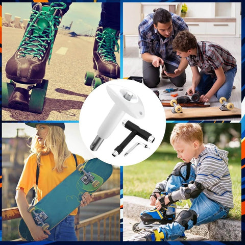Multifunction Skate Tool Kit for Skateboards Scooters and Roller Skates in use, with T Tool and Allen Key for maintenance