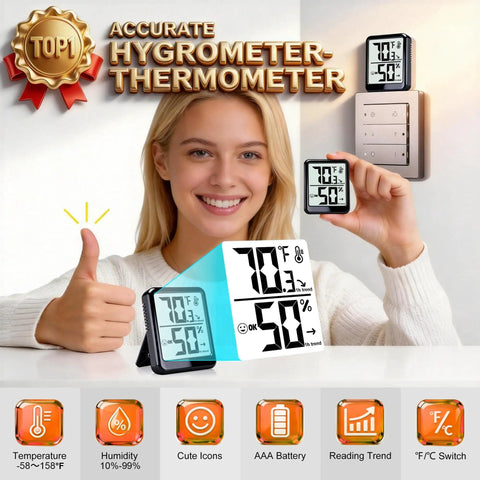 Indoor Room Thermometer And Hygrometer Real Time Temp And Humidity Monitor With Digital Display Accurate Readings From -58 To 158 F Easy Humidity Control Great For Home Office Nursery, black tabletop display