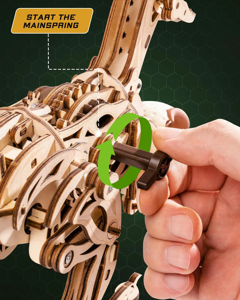 3D Velociraptor Wooden Puzzle Kit For Adults And Teens With 106 Pieces Realistic Gear Transmission System For Dynamic Two Legged Dino Build, hand start mainspring