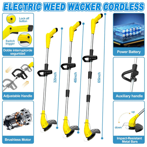 Cordless Electric Weed Wacker With 12V Battery, 65 Inch Adjustable Pole, Lightweight Trimmer Edger, Dual Blade System features