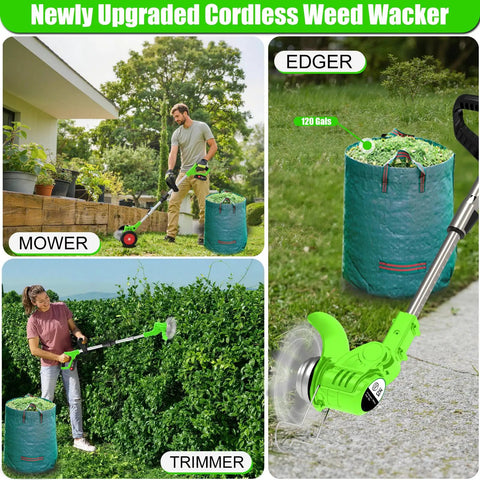 Man using 21V Cordless Weed Wacker And Leaf Blower Combo Kit With Dual Batteries Lightweight Electric Trimmer for yard cleanup.