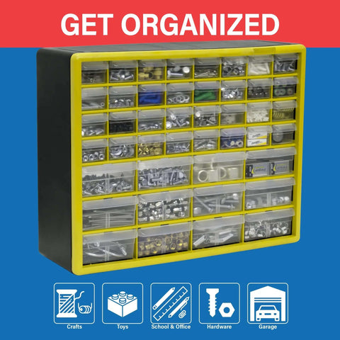 Pro Move 44 Drawer Plastic Parts Storage Cabinet For Garage Organization With Heavy Duty High Impact Build For Quick Hardware Access And Small Parts Sorting Done Right Yellow Made In Usa with numerous compartments filled with hardware.