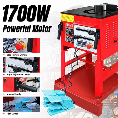 LOschten 1700W Desktop Electric Hydraulic Rebar Bender showing powerful motor and controls for bending steel rods.