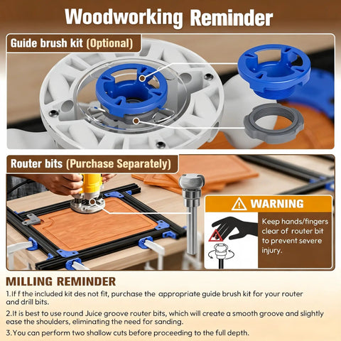Close-up of Buttery Smooth Adjustable Router Jig For Cutting Board Handles showing router bits and guide brush kit for precision woodworking.