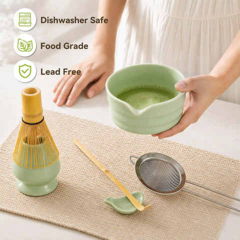 Complete Five Piece Matcha Making Kit With Bamboo Whisk Chasen, Ceramic Bowl, Whisk Holder, Stainless Steel Sifter And Scoop