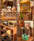 Beginner Friendly DIY Miniature Dollhouse Kit With LED Lights For Adults, showing a tiny bakery scene with detailed shelves and bread