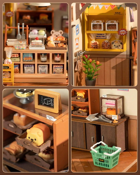 Beginner Friendly DIY Miniature Dollhouse Kit With LED Lights For Adults, showing a tiny bakery scene with detailed shelves and bread