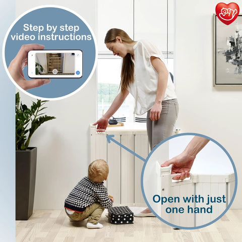 Auto Retractable Stair Gate for Doorways and Stairs, Fits 21.7 to 32.3 Inch Openings, one hand operation demonstrated by woman