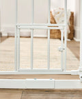 Extra Tall Walk Through Dog Gate For Doorways And Stairs Metal Pet Gate With Small Pet Door Expands From Twenty Nine And A Half To Thirty Six And A Half Inches White Secure Indoor Barrier For Big And Jumpy Dogs showing small pet door feature in white metal