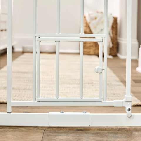 Extra Tall Walk Through Dog Gate For Doorways And Stairs Metal Pet Gate With Small Pet Door Expands From Twenty Nine And A Half To Thirty Six And A Half Inches White Secure Indoor Barrier For Big And Jumpy Dogs showing small pet door feature in white metal