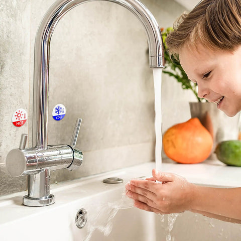 6 Pack Hella Durable Hot And Cold Water Faucet Labels Self Adhesive Waterproof Sink Temperature Stickers Bathroom Tap Bumpers on faucet