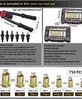 Pro Level Metric Rivet Nut Tool Kit With 750 Piece Threaded Insert Set includes installation tool and multiple fastener sizes.