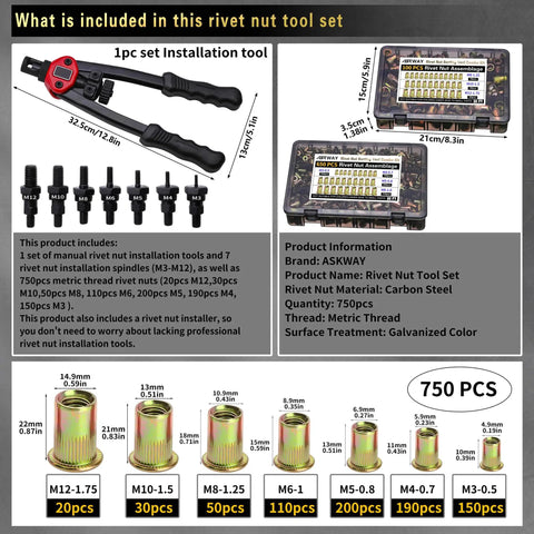 Pro Level Metric Rivet Nut Tool Kit With 750 Piece Threaded Insert Set includes installation tool and multiple fastener sizes.