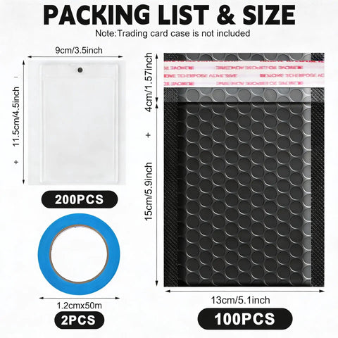 302 Pcs Trading Card Shipping Supplies Kit with bubble mailers, card sleeves, and tape measurements shown for safe transit