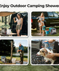 Four images showing the InstaShower GO Pro Portable Propane Hot Shower System in outdoor, camping, pet washing settings.