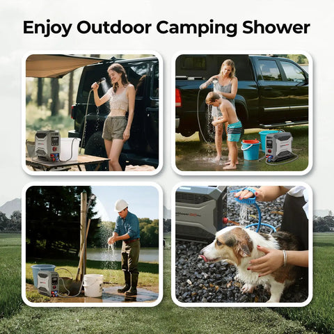 Four images showing the InstaShower GO Pro Portable Propane Hot Shower System in outdoor, camping, pet washing settings.