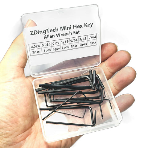 Hand holding Mini Hex Key Set 21-Piece Imperial L Shape Allen Wrench Kit for Precision Fasteners in plastic case