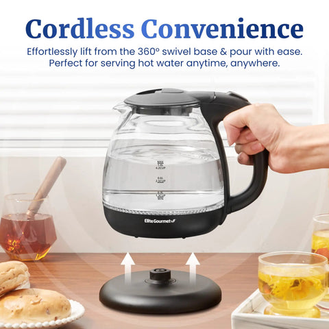 Fast Boil 1 Liter Glass Electric Kettle Cordless 360 Degree Base BPA Free 1100W With Auto Shutoff Blue LED Interior Easy Pour