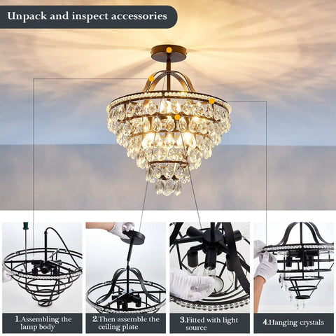 5 Light Crystal Chandelier Ceiling Light Fixture Semi Flush Mount Black Finish, E12 Indoor Lighting in assembly stages