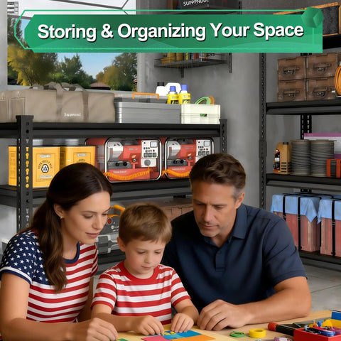 Heavy Duty Steel Garage Shelving Unit With 47.2 Inch Wide 15.7 Inch Deep 71.6 Inch High Black Finish Built Tough For Garage Storage Sturdy All Steel Shelves Storage Rust Resistant Powder Coat Easy Organization. in a garage with tools and storage bins