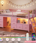 Front view of Twin Size Low Loft Bed With 7 Storage Drawers, Bookcase, And LED Lights, Metal Kids Loft Bed With 14 Inch Guardrail in Pink