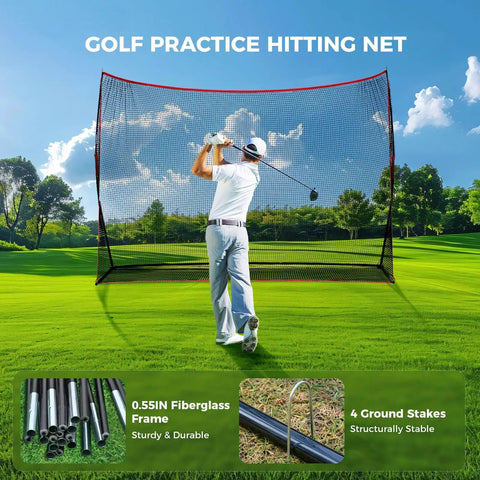 Golfer using 10x7 Ft Golf Practice Net For Backyard And Indoor Use Red Heavy Duty Net With Large Hitting Area Easy Setup Stable Stakes Perfect For Home Swing Practice And Indoor Outdoor Golf Training in green field