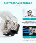 Beefy 3 Way Zinc Alloy Power And Ground Distribution Block For Car Audio, 0/2/4 Gauge In, 4/8 Gauge Out, Dual Pack Amplifier Wiring Splitter, Heavy Duty Ground Or Power Block For Auto Stereo with transparent dust cover