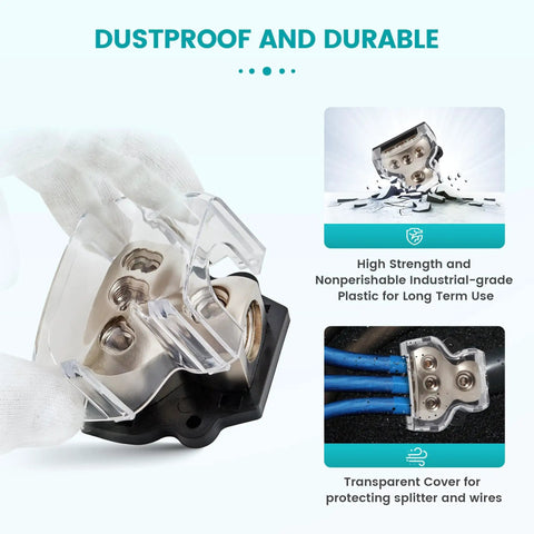 Beefy 3 Way Zinc Alloy Power And Ground Distribution Block For Car Audio, 0/2/4 Gauge In, 4/8 Gauge Out, Dual Pack Amplifier Wiring Splitter, Heavy Duty Ground Or Power Block For Auto Stereo with transparent dust cover