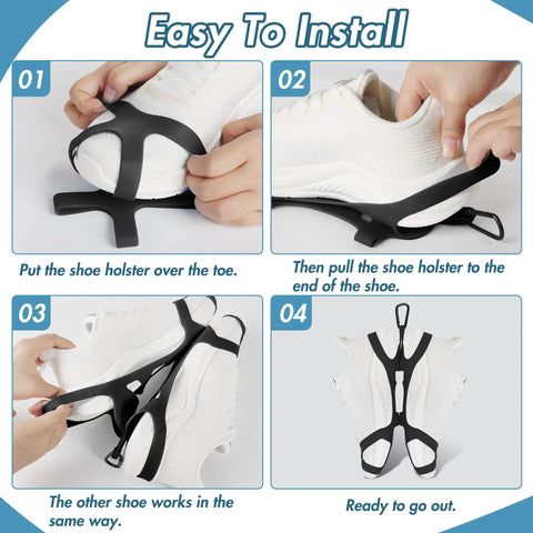 Steps to install Elastic Silicone Shoe Holster With Backpack Clips For Hanging Sneakers Boots Cleats Or Gear On Your Backpack No Fuss Easy To Use Keeps Your Bag Neat And Shoes Separated Travel Ready Black