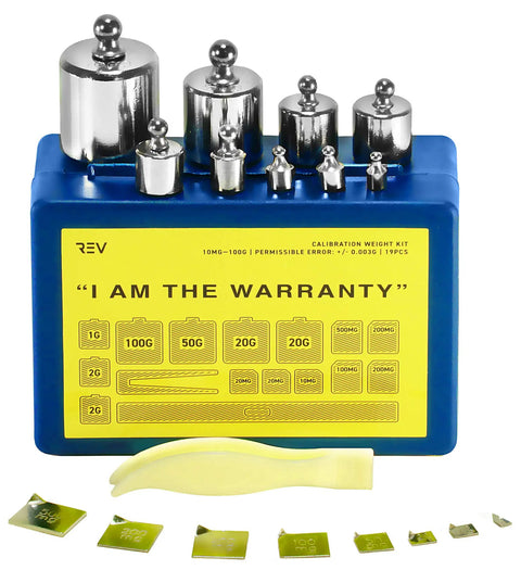 19 Piece Calibration Weight Set 100g With Tweezers And Presentation Box In 10mg Increments displayed with labeled weights