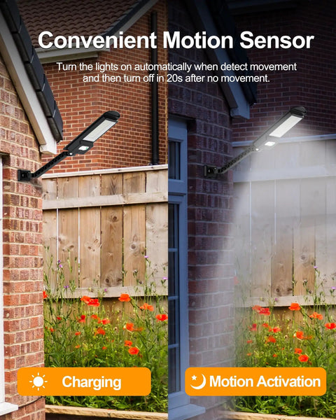 Beefy Solar Security Flood Lights Outdoor 1000LM 168 LED Motion Sensor Waterproof Floodlight illuminating a garden at night