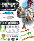 Fishing enthusiast holding a fish with various vivid lures and hooks displayed, showing dynamic and natural prey designs.