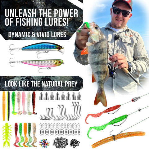 Fishing enthusiast holding a fish with various vivid lures and hooks displayed, showing dynamic and natural prey designs.