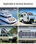 2 Pack 200W Flexible Mono Solar Panel Set With ETFE Coating on boat, RV, jeep, and balcony, showcasing versatile applications.