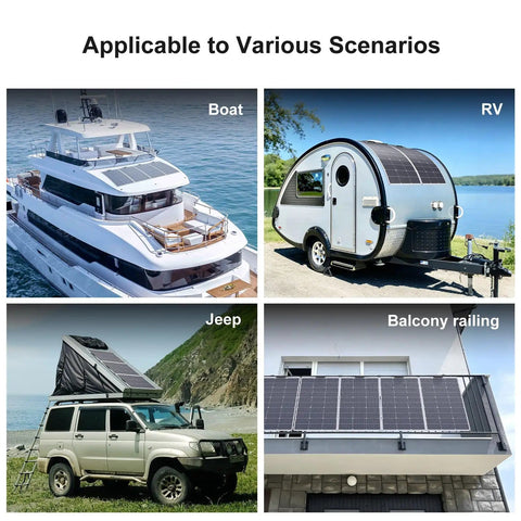2 Pack 200W Flexible Mono Solar Panel Set With ETFE Coating on boat, RV, jeep, and balcony, showcasing versatile applications.