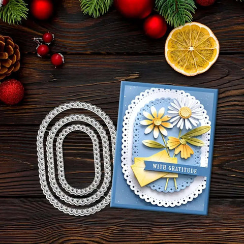 Three Piece Lace Oval Metal Die Cuts Set With Stitched Nesting Tag Frames For Scrapbooking And Card Making Dope Embossing Dies