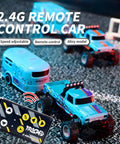 Mini 1 To 64 Scale Monster RC Truck With Lights 2 Point 4GHz Remote Adjustable Speed And Steering Portable Alloy Body Grey