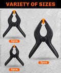Ten Pack Heavy Duty Spring Clamps Set With Three Sizes 6.5 Inch 4.5 Inch And 3.5 Inch Plastic Backdrop Clips for Crafts Woodworking Photography And DIY Projects, displayed against a gray background with labeled sizes and quantities.