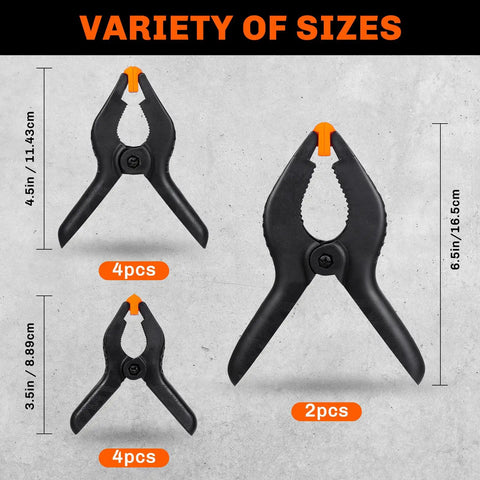 Ten Pack Heavy Duty Spring Clamps Set With Three Sizes 6.5 Inch 4.5 Inch And 3.5 Inch Plastic Backdrop Clips for Crafts Woodworking Photography And DIY Projects, displayed against a gray background with labeled sizes and quantities.