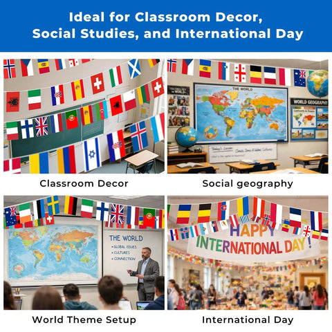 82 Foot Pre Strung 100 Country Flags World Bunting For Classroom Decor Parties Festivals Patio And Outdoor Events Reusable Polyester Flags Of The World Colorful International Banner in classroom setting