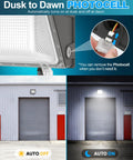 Dusk to dawn photocell feature on Beefy 100W Tunable LED Wall Pack, showing auto on/off function for outdoor warehouse.