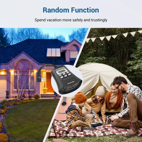 Heavy Duty Outdoor Digital Timer For Front Porch And Backyard Lights With Hassle Free Weekly Scheduling And Auto Random Lighting All Season Weather Resistant Plug In with home lights and camping family scene.