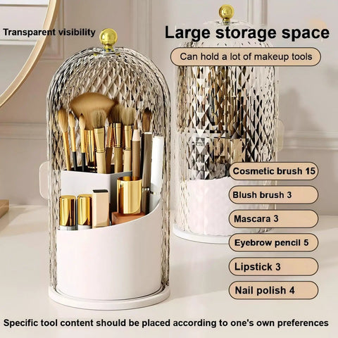 Rotating Makeup Brush Holder With Lid Diamond Pattern Storage Box For Vanity And Bathroom 360 Degree Spin Waterproof Dustproof Sliding Door
