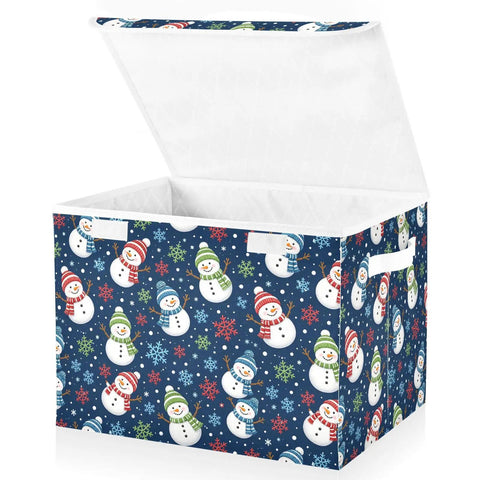 Premium Quality Collapsible Fabric Storage Bin With Secure Flip Top Lid And Sturdy Side Handles For Home Bedroom Closet Shelf Organization Everyday Box, 16.5x12.6x11.8 inches, festive snowman design.