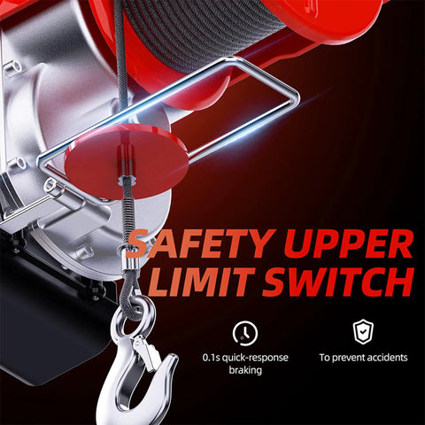 Safety upper limit switch on Heavy Duty 110 Volt Electric Hoist Winch, ensuring quick-response braking for safe lifting.