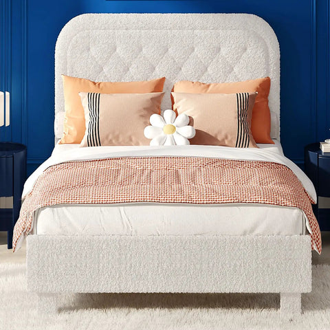 White Queen Boucle Upholstered Platform Bed With Rounded Headboard Sturdy Wood Slats Plush Cloud Back Cushioning in modern bedroom.