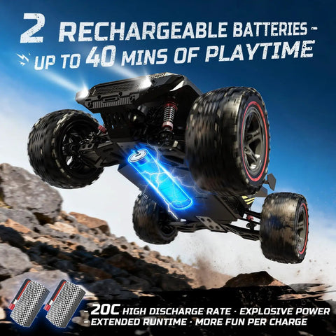 DEERC 209E 1:10 Scale Brushless RC Car mid-jump showcasing dual battery feature for extended playtime, rocky terrain background