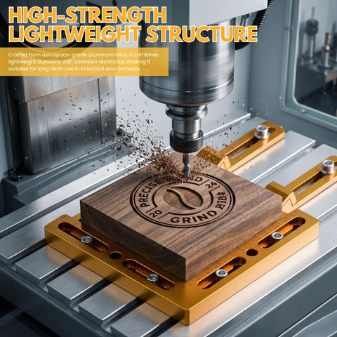 CNC Workpiece Positioning Rig For T Slot And Perforated Tables Side Clamp Woodworking Rig in use during engraving process.